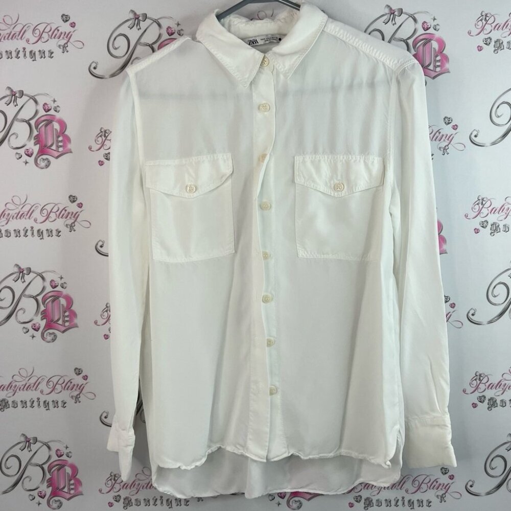 Zara long sleeve blouse pockets collared White Casual Button Down Shirt